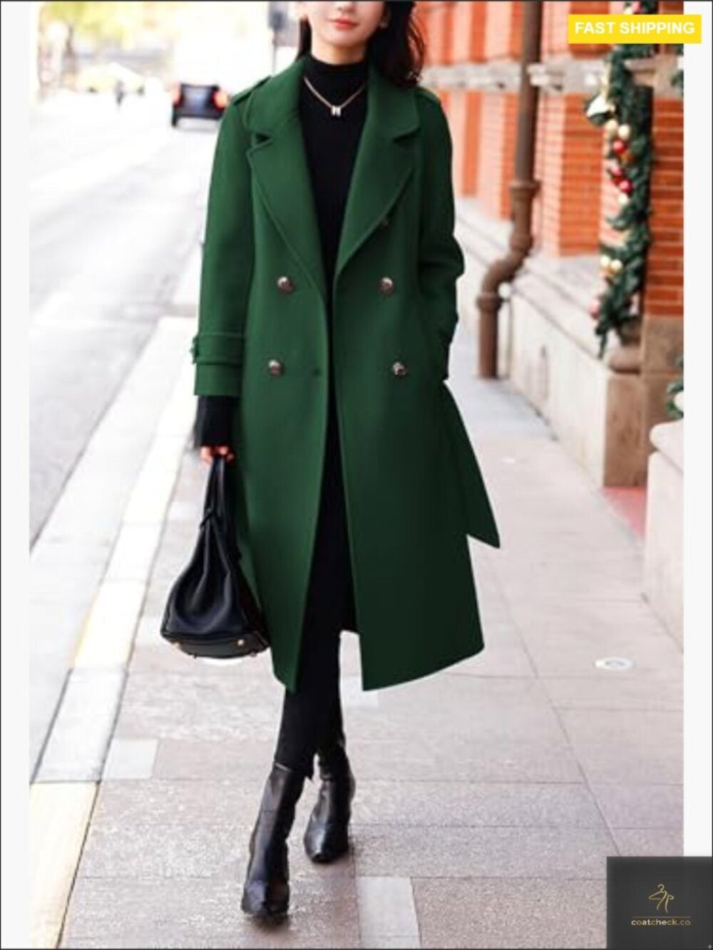 Wool Pea Coat Double Breasted Belted Midi Long Winter Overcoat Classic Chic - Picture 7 of 7